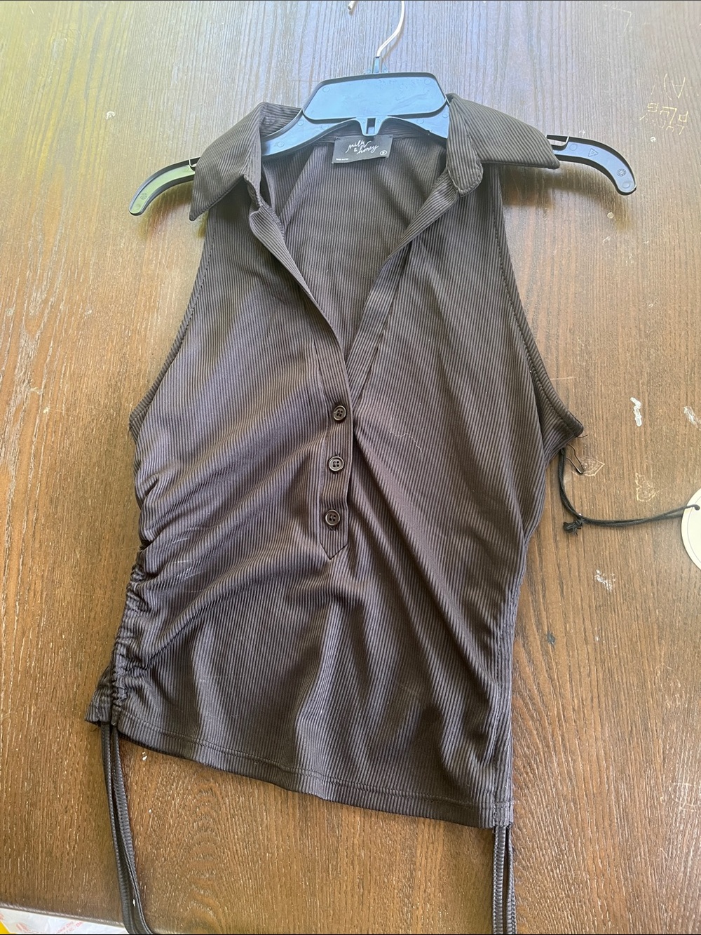 Sleeveless Collared Ribbed Tank Top with Side Ruching - Brown